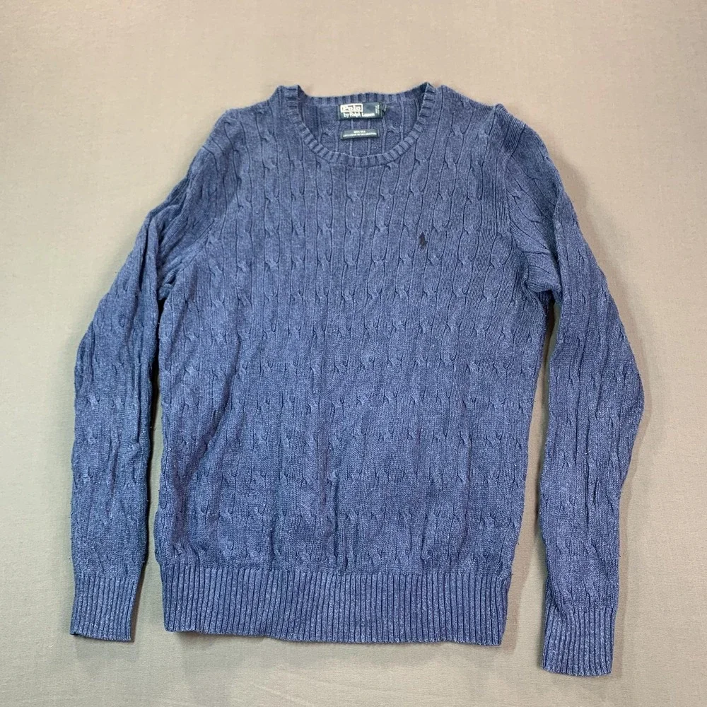 Polo By Ralph Lauren Sweater Mens XL Blue 100% Silk Cable Knit Crewneck Pullover